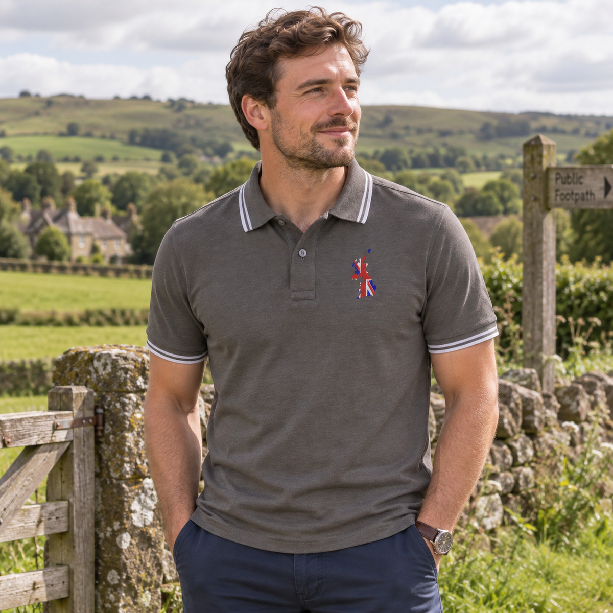 United Kingdom Flag Map Embroidered Tipped Polo Shirt UK